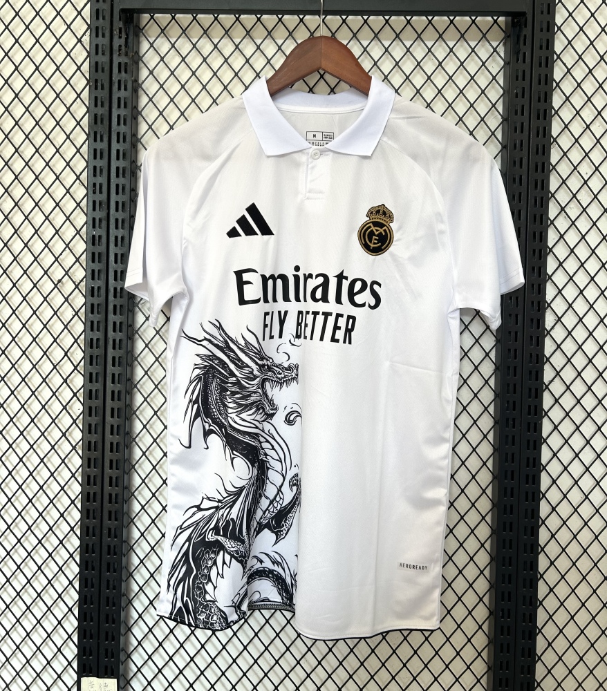 2025/26 Real Madrid Special Fan Version Jersey | White Base with Ink Chinese Dragon Graphic Print Pre-Match Polo Soccer Shirt