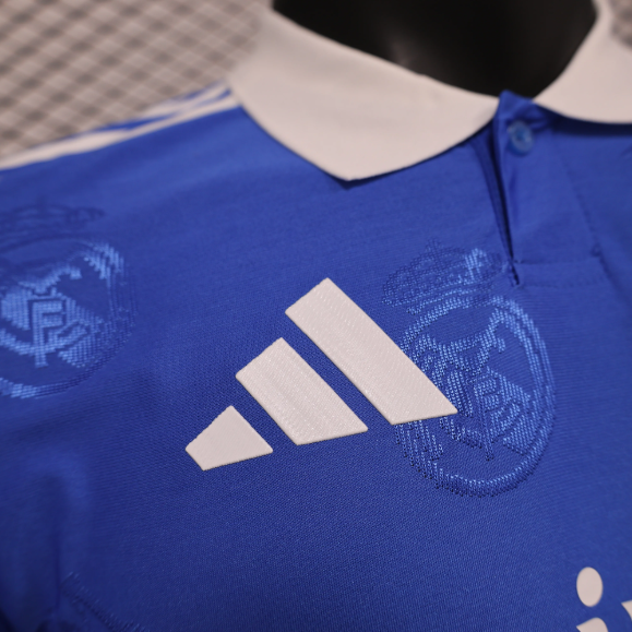 2025/26 Real Madrid Special Player Version Jersey | Blue Base with White Collar Polo Soccer Shirt