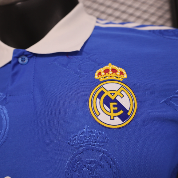 2025/26 Real Madrid Special Player Version Jersey | Blue Base with White Collar Polo Soccer Shirt