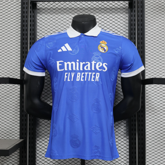 2025/26 Real Madrid Special Player Version Jersey | Blue Base with White Collar Polo Soccer Shirt