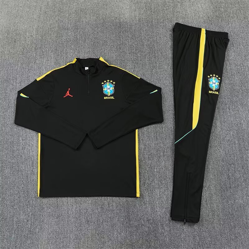 2026/27 Jordan Brazil Black Yellow Half Pull Training Suit Soccer Jersey For Adult & Kids