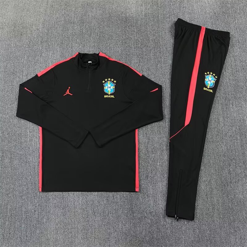 2026/27 Jordan Brazil Black Orange Half Pull Training Suit Soccer Jersey For Adult & Kids