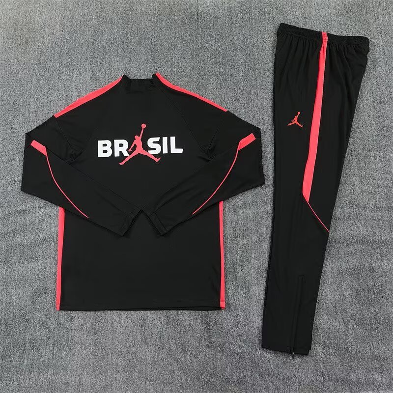 2026/27 Jordan Brazil Black Orange Half Pull Training Suit Soccer Jersey For Adult & Kids