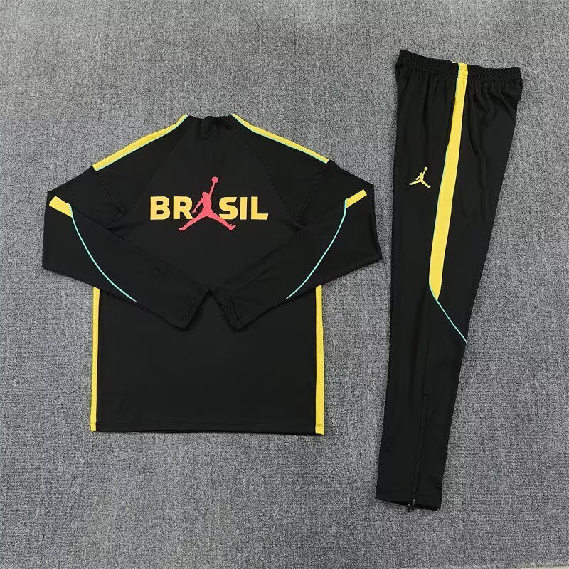 2026/27 Jordan Brazil Black Yellow Half Pull Training Suit Soccer Jersey For Adult & Kids