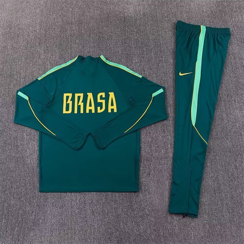 2026/27 Brazil Dark Green Half Pull Training Suit Soccer Jersey For Adults & Kids