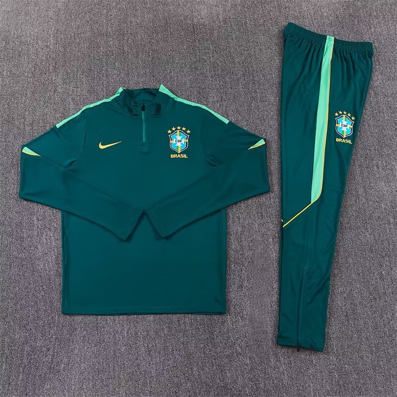 2026/27 Brazil Dark Green Half Pull Training Suit Soccer Jersey For Adults & Kids