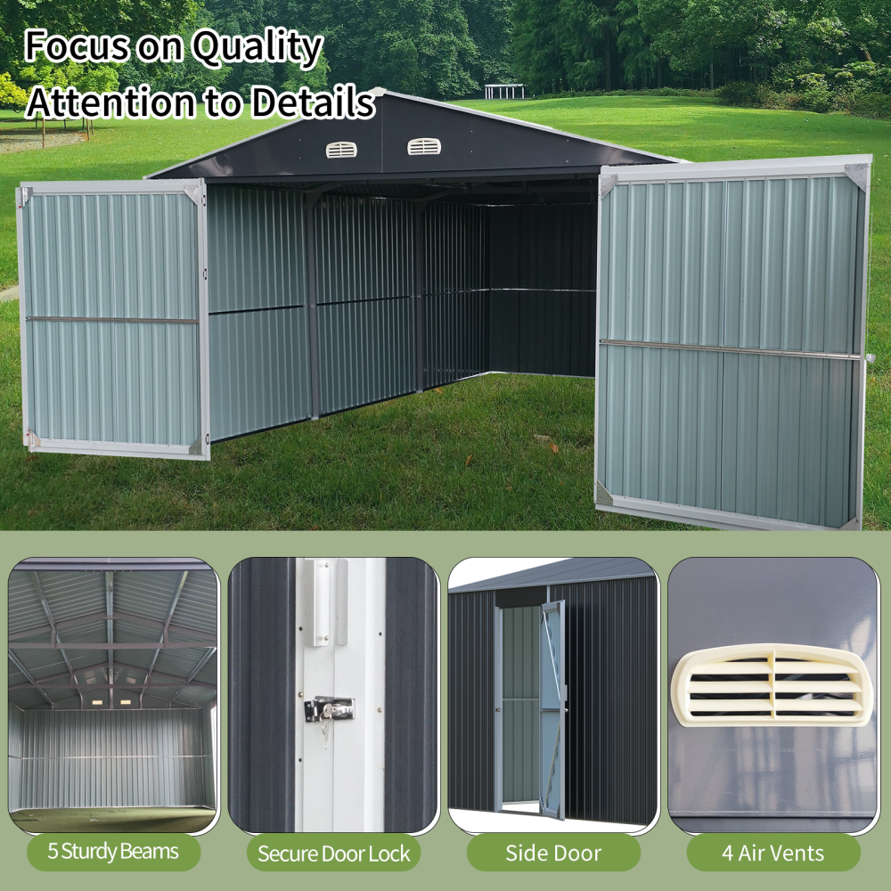 Spacious Outdoor Storage Shed: This 13x20FT outdoor storage shed offers a generous 250 square feet of floor space, perfect for storing trucks, cars, large tools, and lawn equipment. With double front