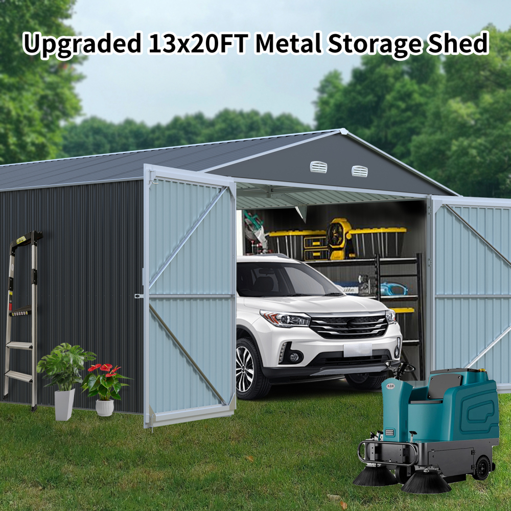Spacious Outdoor Storage Shed: This 13x20FT outdoor storage shed offers a generous 250 square feet of floor space, perfect for storing trucks, cars, large tools, and lawn equipment. With double front