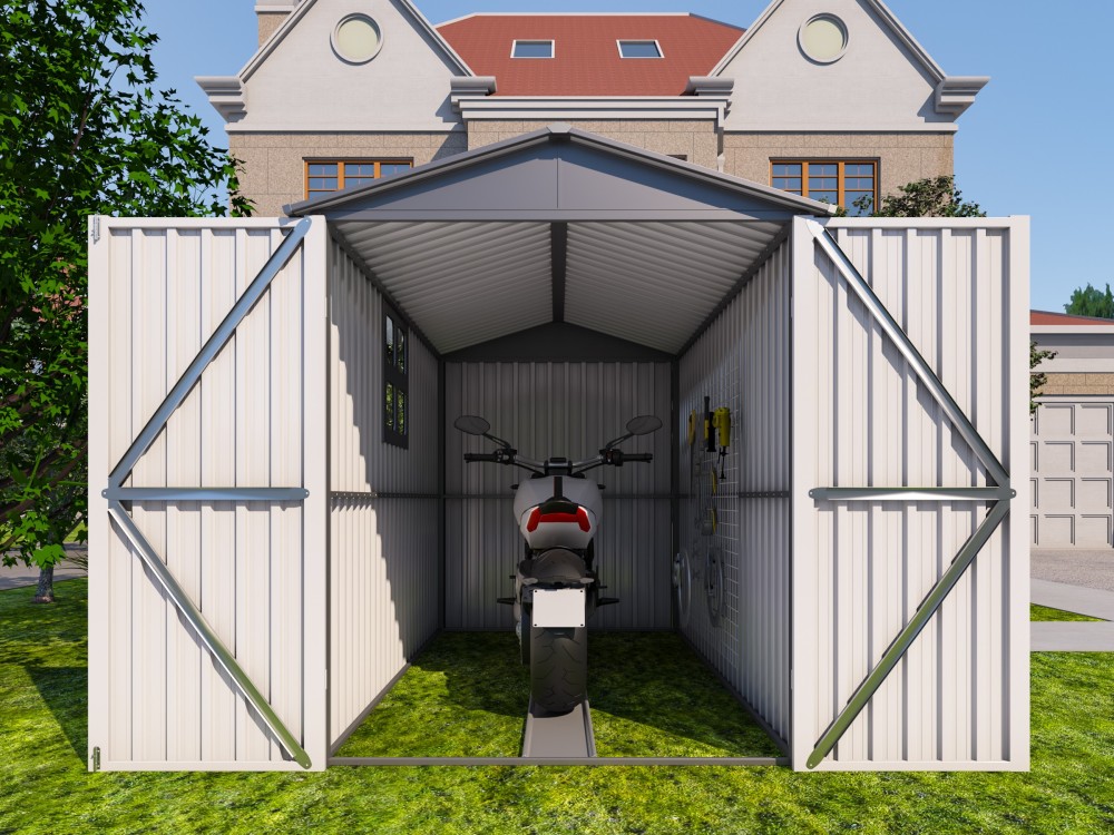 Motorcycle Outdoor Steel Storage Shed With Window , tracks and fixtures,Grey+White