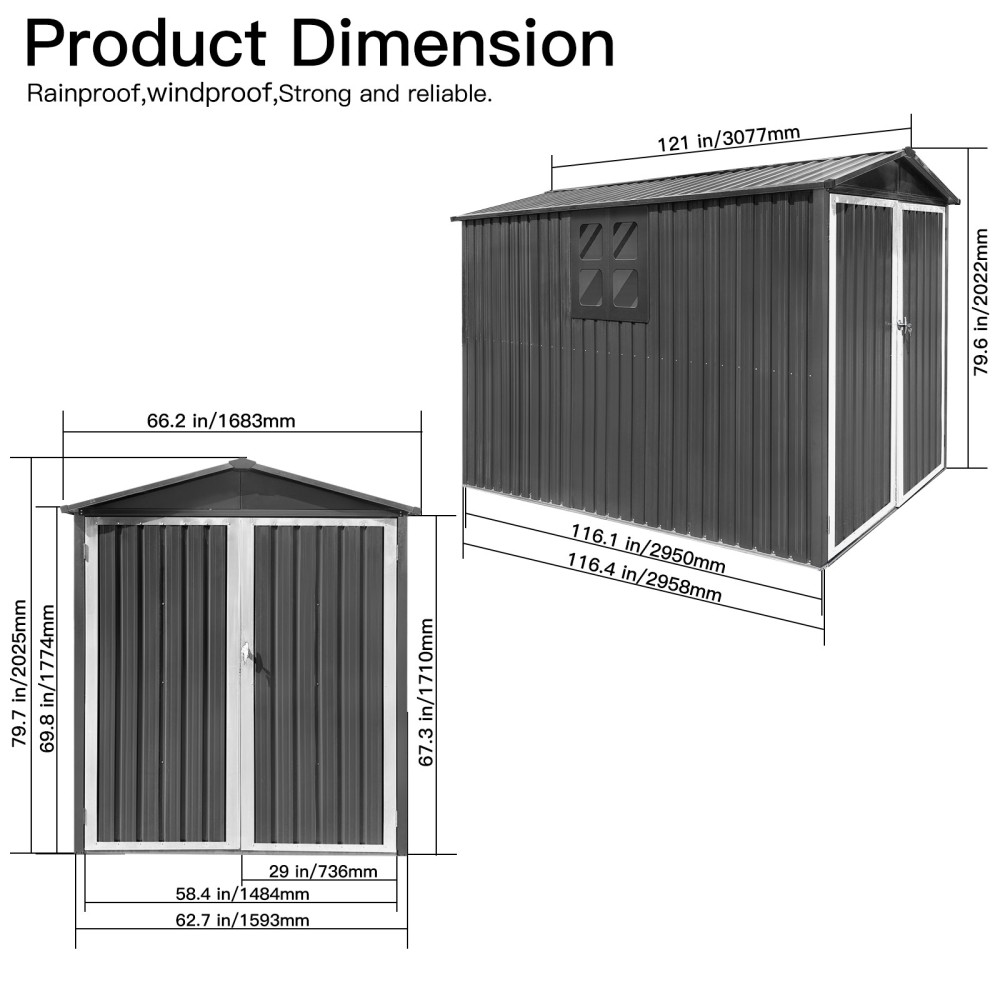 Motorcycle Outdoor Steel Storage Shed With Window , tracks and fixtures,Grey+White