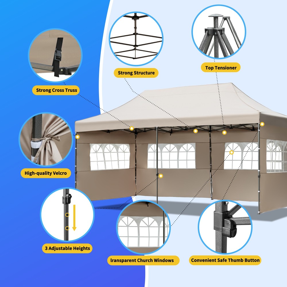TREXM 10x20 Pop Up Canopy Tent with 6 Sidewalls, Heavy Duty Party Tent, UV and Waterproof Protection, 3 Height Adjustable Outdoor Canopy Tent with Roller Bag for Weddings, Events, and Beach, Khaki