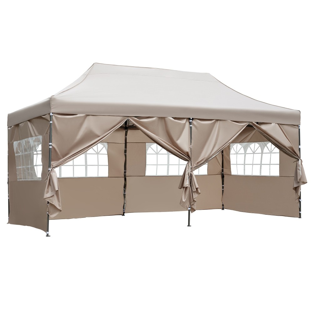 TREXM 10x20 Pop Up Canopy Tent with 6 Sidewalls, Heavy Duty Party Tent, UV and Waterproof Protection, 3 Height Adjustable Outdoor Canopy Tent with Roller Bag for Weddings, Events, and Beach, Khaki