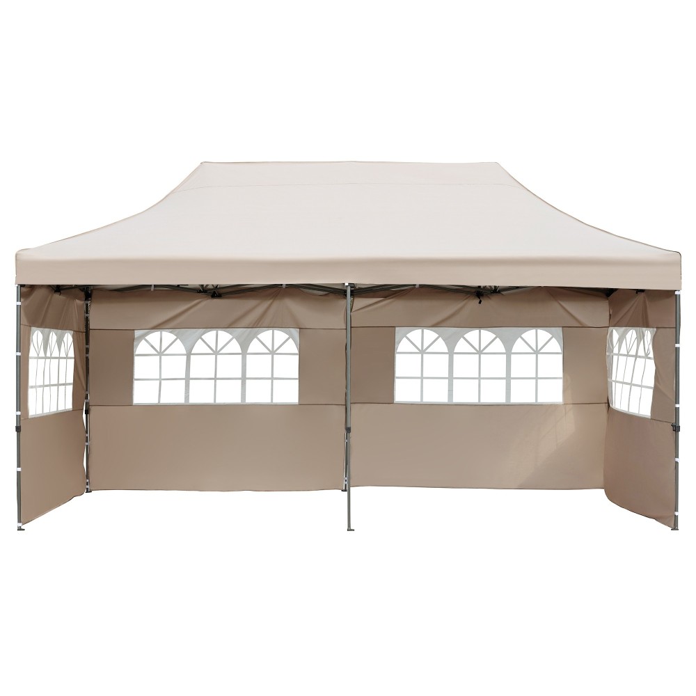 TREXM 10x20 Pop Up Canopy Tent with 6 Sidewalls, Heavy Duty Party Tent, UV and Waterproof Protection, 3 Height Adjustable Outdoor Canopy Tent with Roller Bag for Weddings, Events, and Beach, Khaki