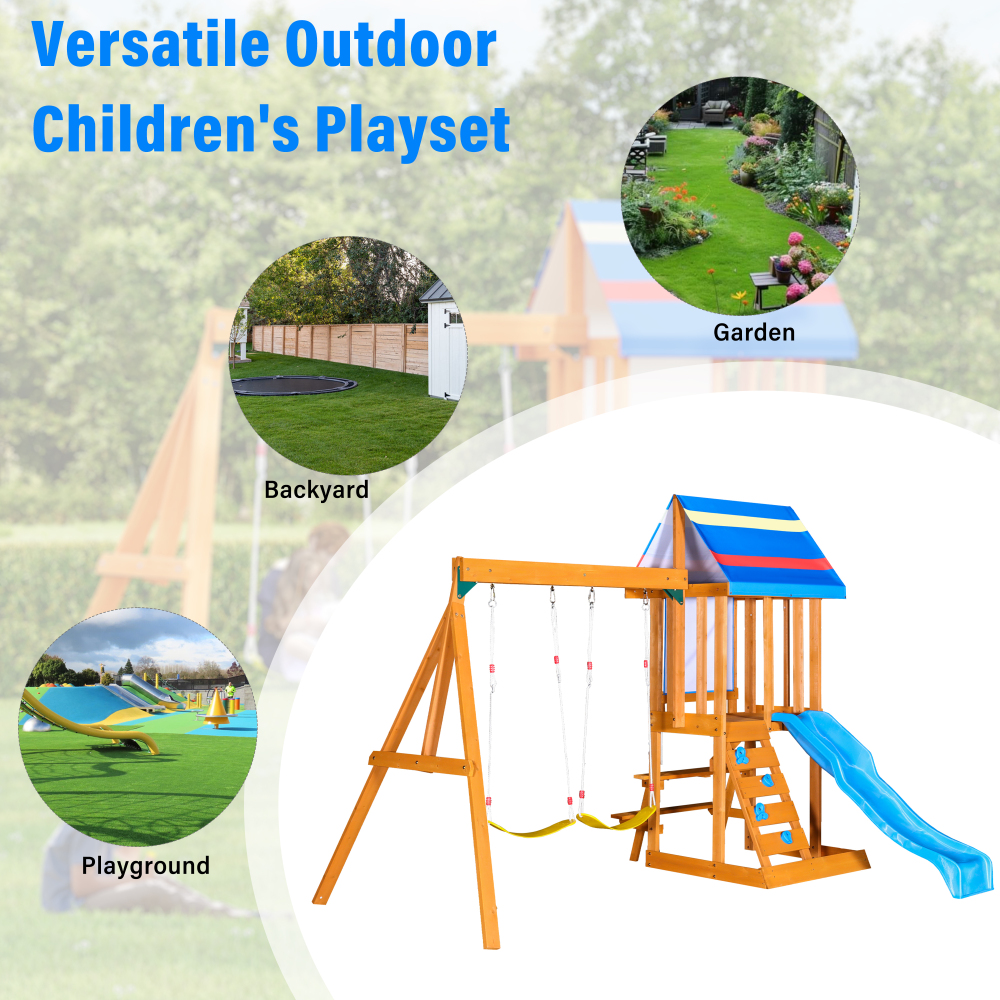 Wooden Outdoor Swing Set 3 in 1 Swing Set outdoor Children's Playset with Slide , 2 Swings and Climber for Garden, Backyard and Playground, Blue