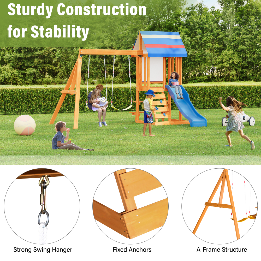 Wooden Outdoor Swing Set 3 in 1 Swing Set outdoor Children's Playset with Slide , 2 Swings and Climber for Garden, Backyard and Playground, Blue