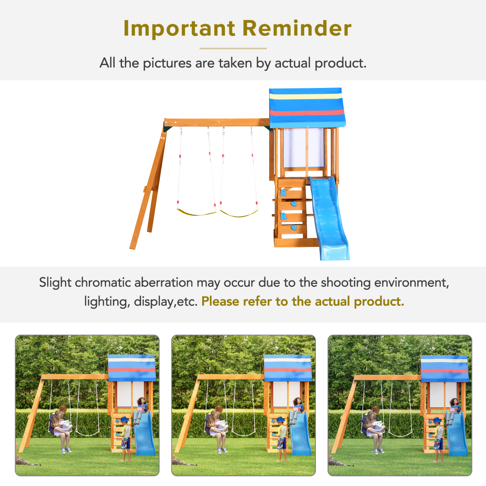 Wooden Outdoor Swing Set 3 in 1 Swing Set outdoor Children's Playset with Slide , 2 Swings and Climber for Garden, Backyard and Playground, Blue