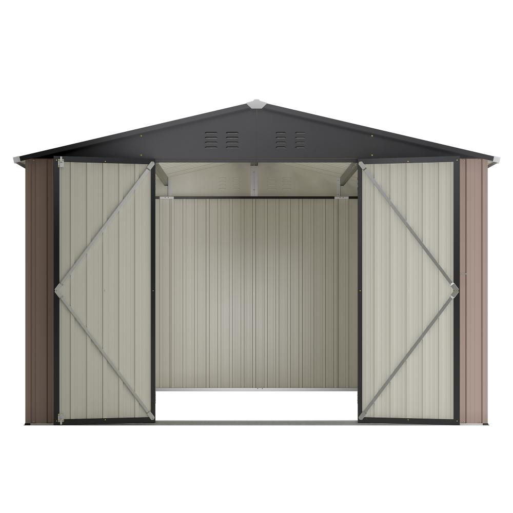 10' x 10' Brown Metal Storage Shed with Lockable Doors - Heavy Duty Steel Garden Tool Shed for Backyard & Patio