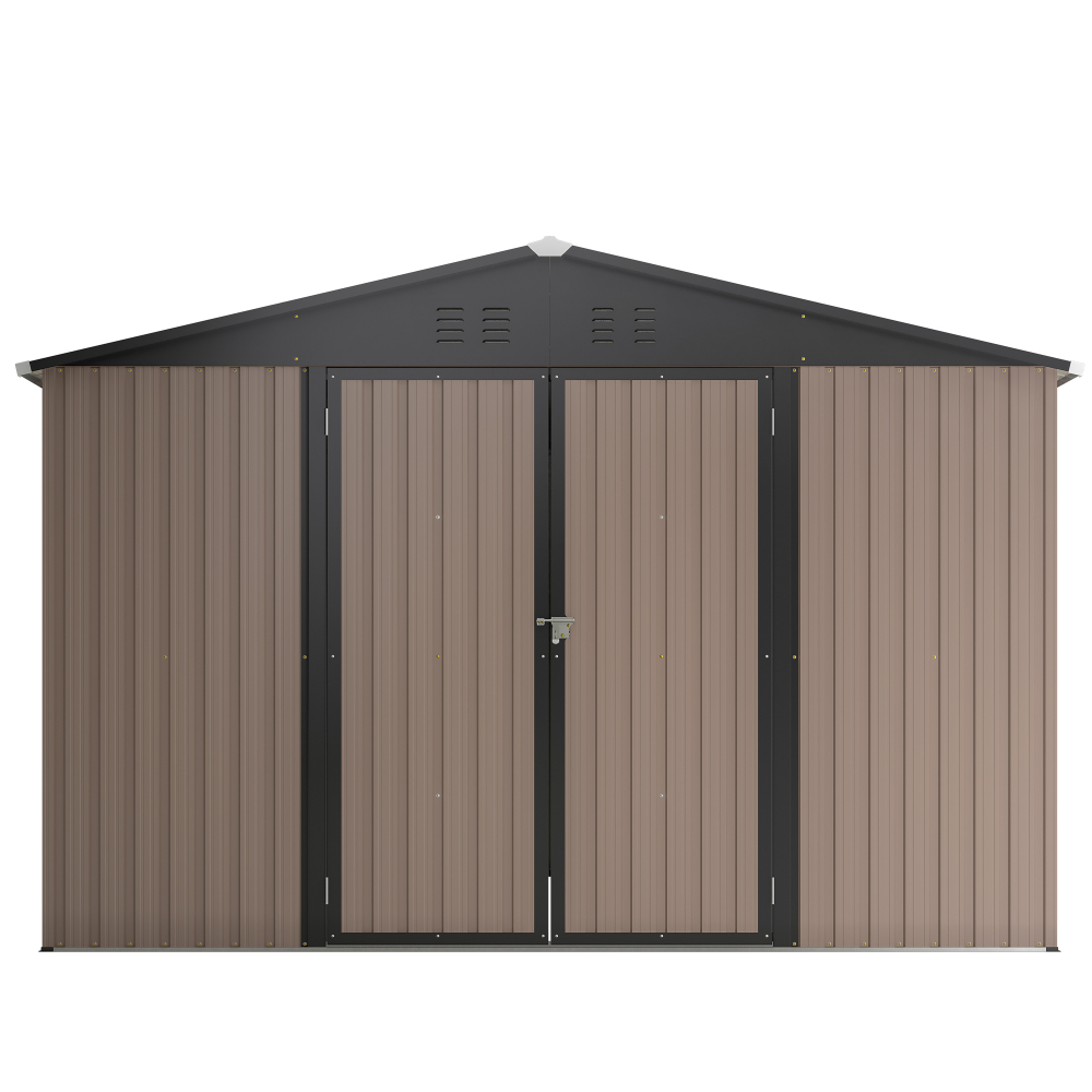 10' x 10' Brown Metal Storage Shed with Lockable Doors - Heavy Duty Steel Garden Tool Shed for Backyard & Patio
