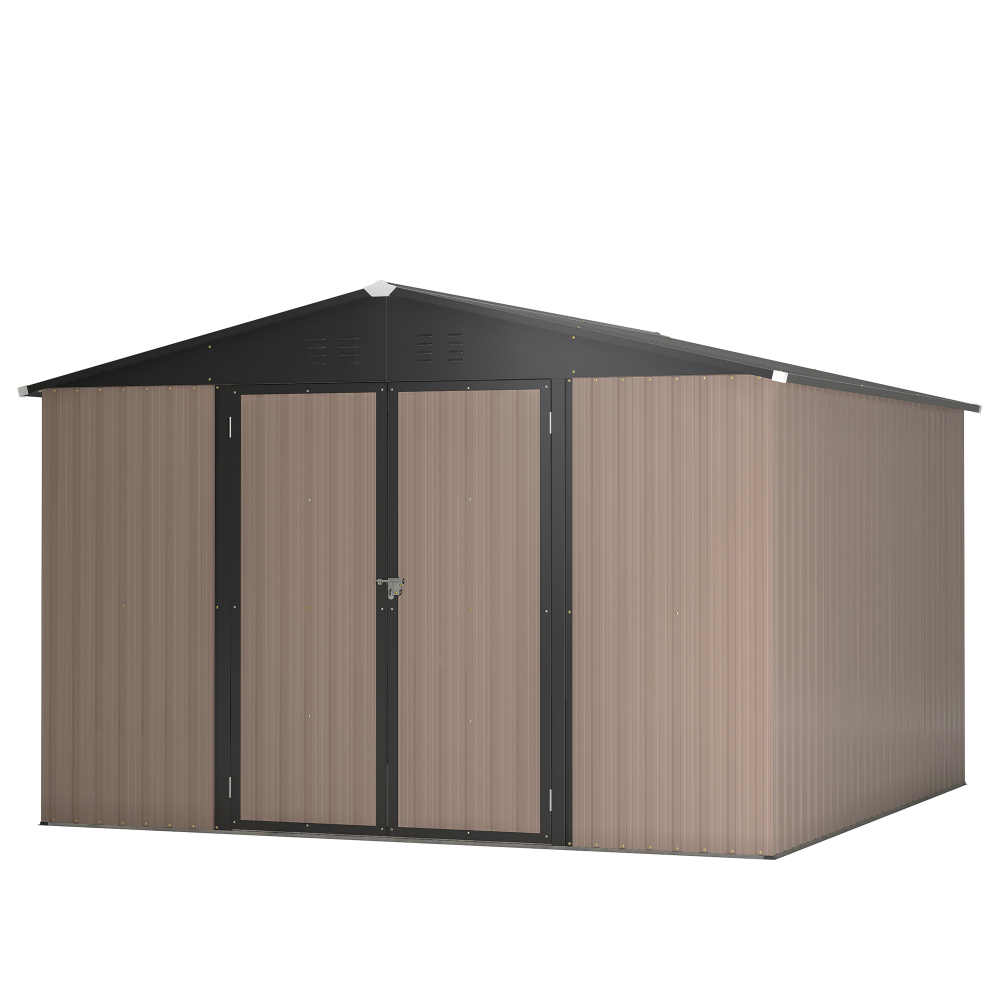 10' x 10' Brown Metal Storage Shed with Lockable Doors - Heavy Duty Steel Garden Tool Shed for Backyard & Patio