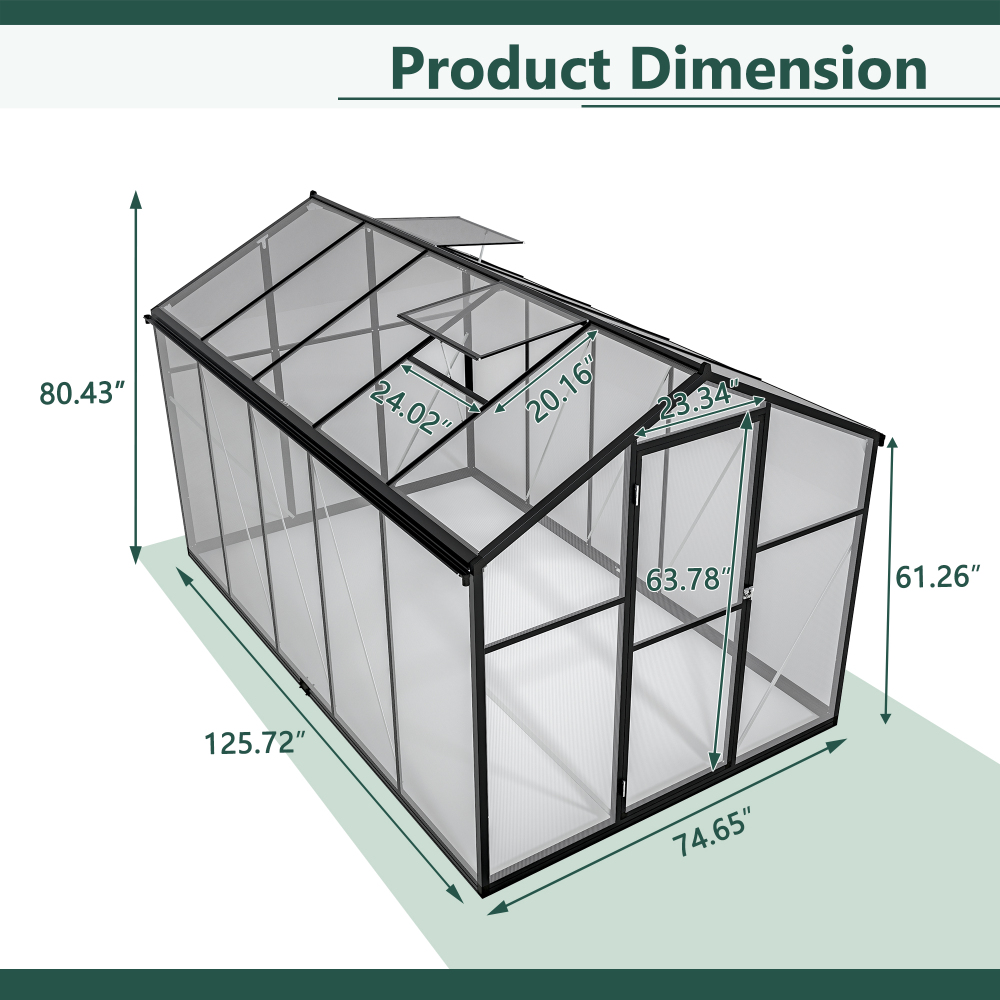 6x10 ft Outdoor Polycarbonate Greenhouse Kit with Aluminum Frame, Walk-in Garden Green House with  Lockable Door & Adjustable Roof Vent, Backyard, Patio