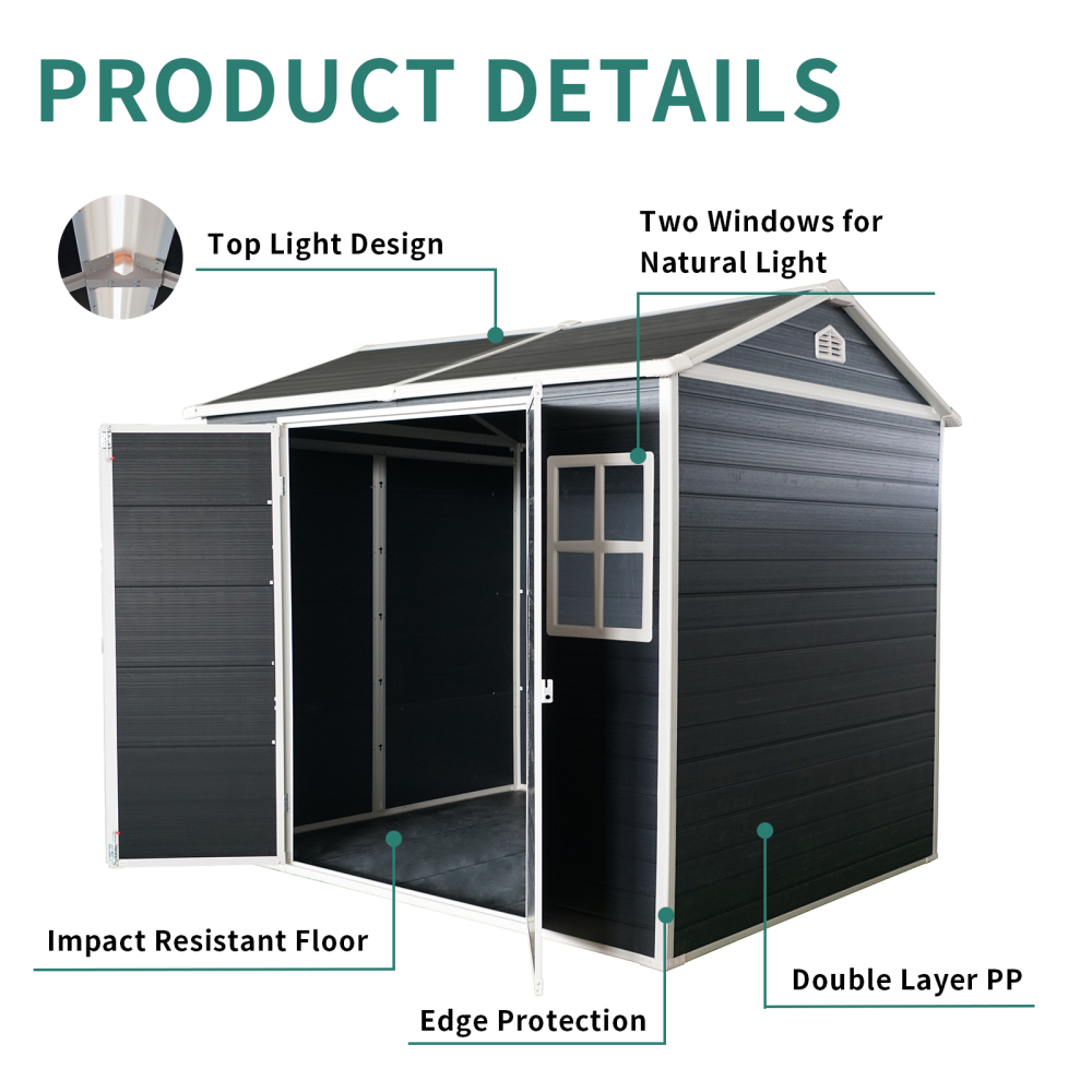 8x6ft Outdoor Resin Garden Shed with Floor and 2 Windows, Plastic Patio Outdoor Storage Shed with Lockable Door for Garden Tools, Bicycles, Trash Cans, Carbon Black