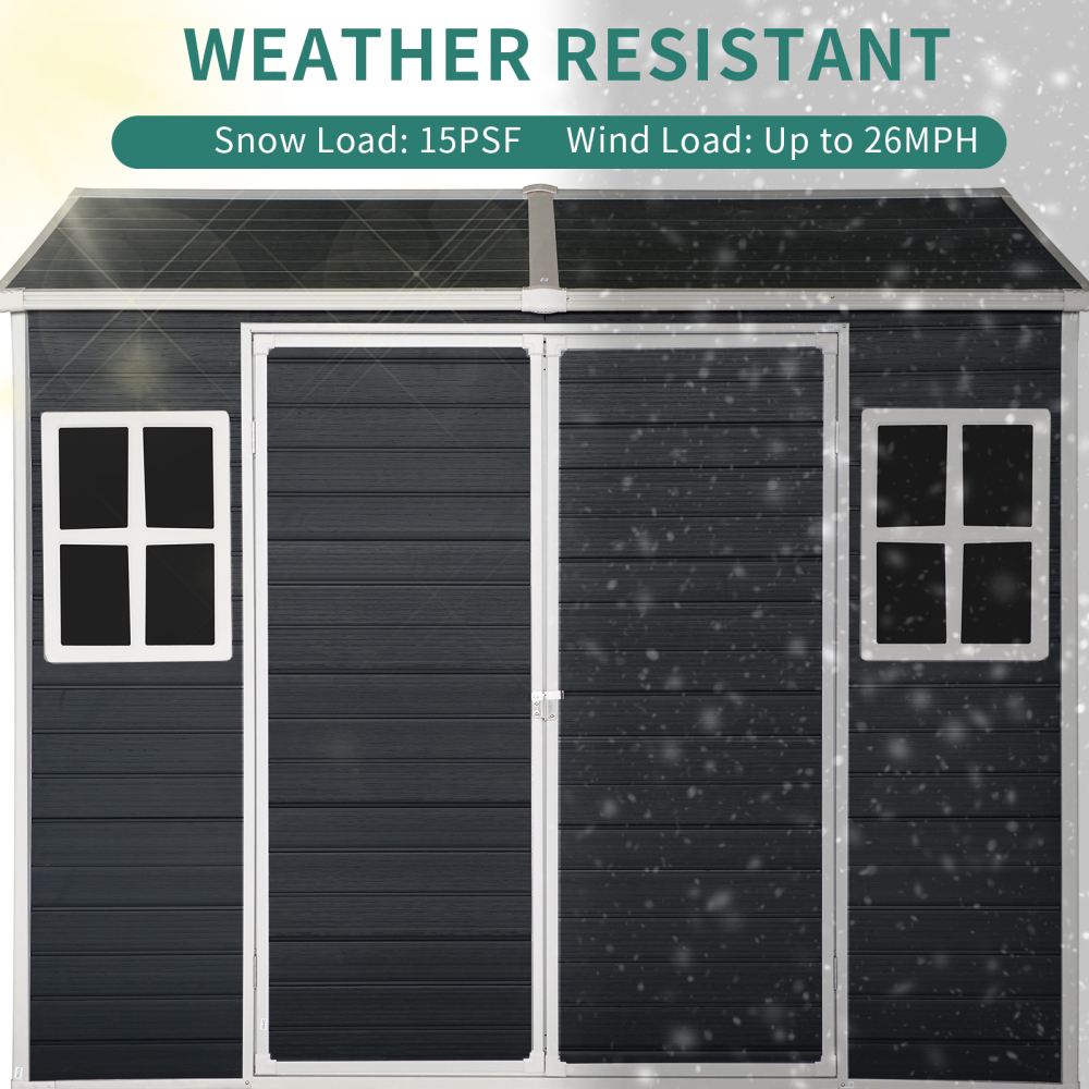 8x6ft Outdoor Resin Garden Shed with Floor and 2 Windows, Plastic Patio Outdoor Storage Shed with Lockable Door for Garden Tools, Bicycles, Trash Cans, Carbon Black
