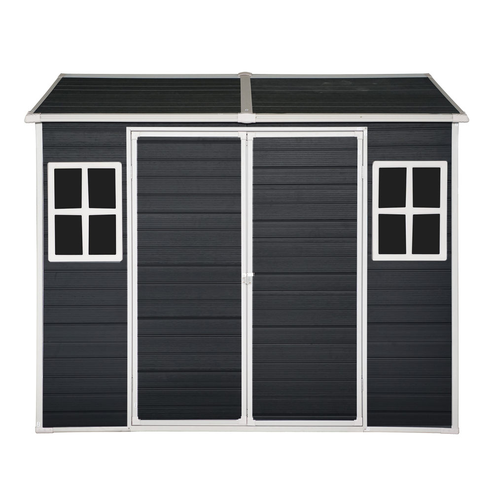 8x6ft Outdoor Resin Garden Shed with Floor and 2 Windows, Plastic Patio Outdoor Storage Shed with Lockable Door for Garden Tools, Bicycles, Trash Cans, Carbon Black