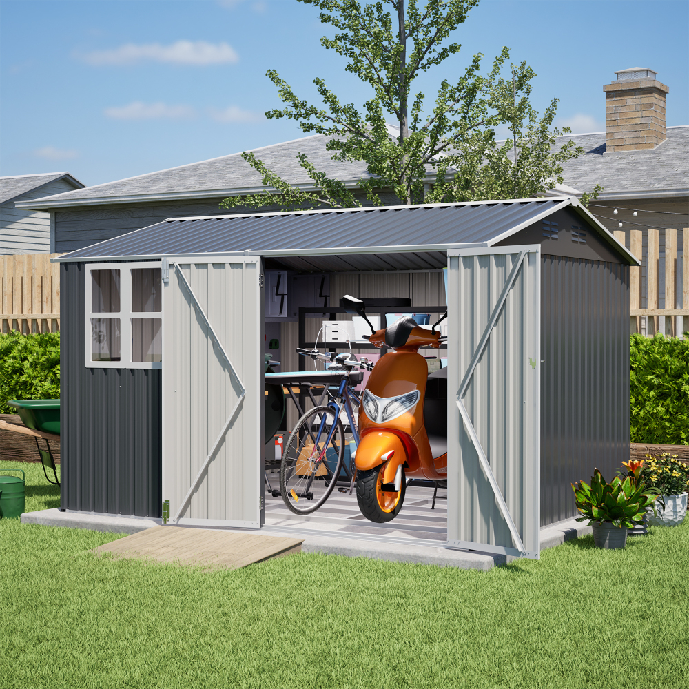 10X8FT Outdoor Steel Storage Shed with Clear Window, Lockable Doors, Weather-Resistant Metal Tool Shed for Garden, Backyard, Patio, and Utility Storage,Gray