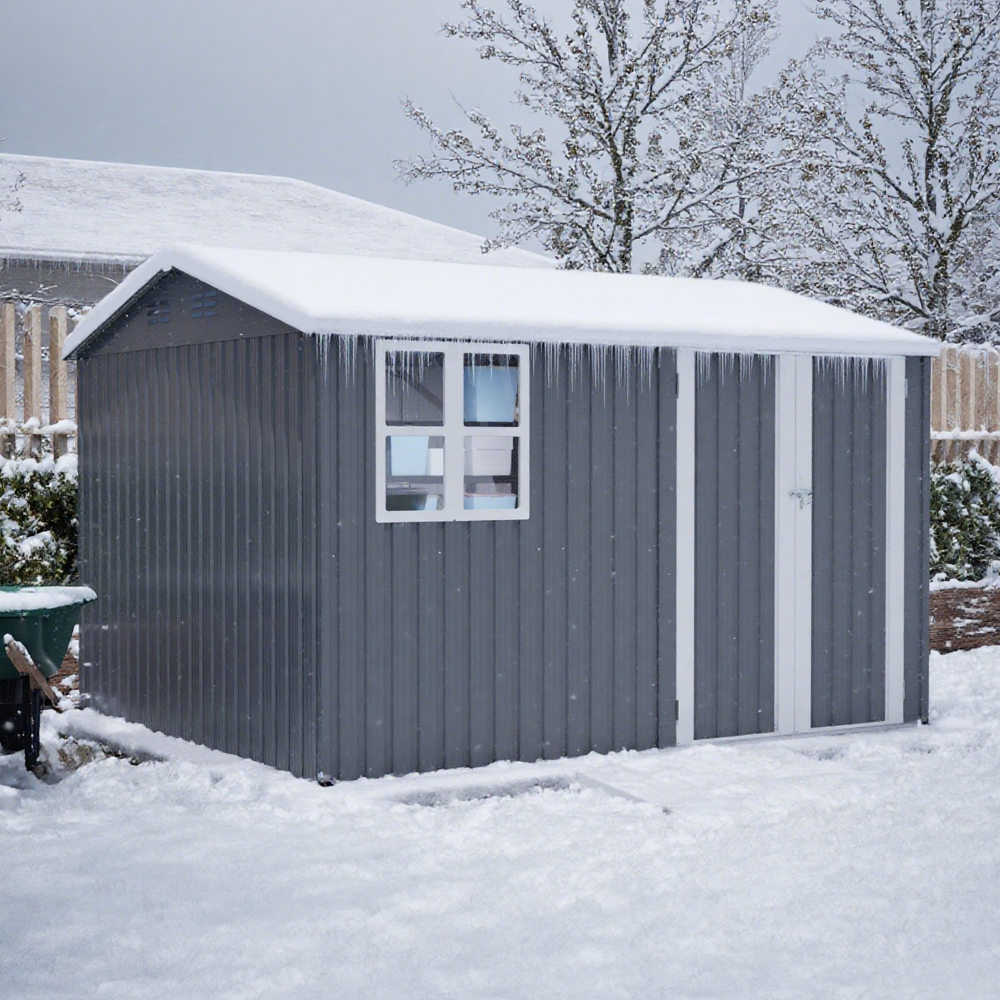 10X8FT Outdoor Steel Storage Shed with Clear Window, Lockable Doors, Weather-Resistant Metal Tool Shed for Garden, Backyard, Patio, and Utility Storage,Gray