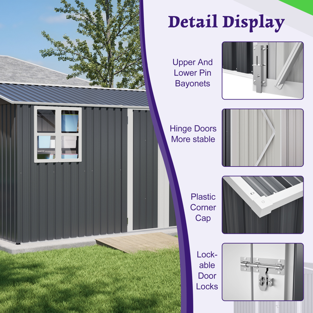 10X8FT Outdoor Steel Storage Shed with Clear Window, Lockable Doors, Weather-Resistant Metal Tool Shed for Garden, Backyard, Patio, and Utility Storage,Gray