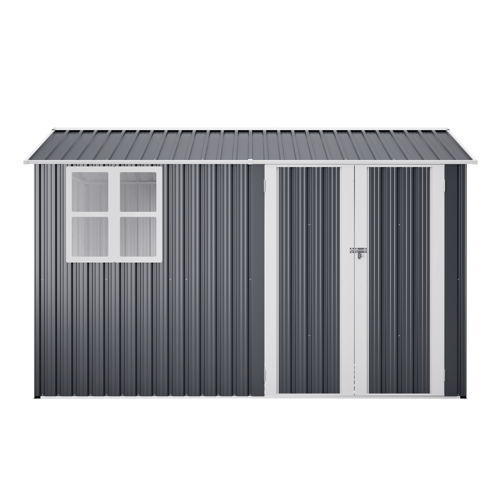 10X8FT Outdoor Steel Storage Shed with Clear Window, Lockable Doors, Weather-Resistant Metal Tool Shed for Garden, Backyard, Patio, and Utility Storage,Gray