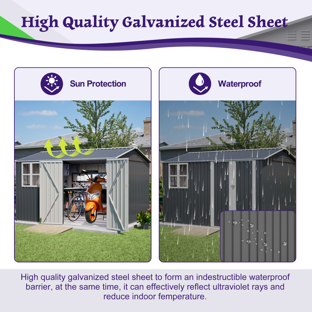 10X8FT Outdoor Steel Storage Shed with Clear Window, Lockable Doors, Weather-Resistant Metal Tool Shed for Garden, Backyard, Patio, and Utility Storage,Gray