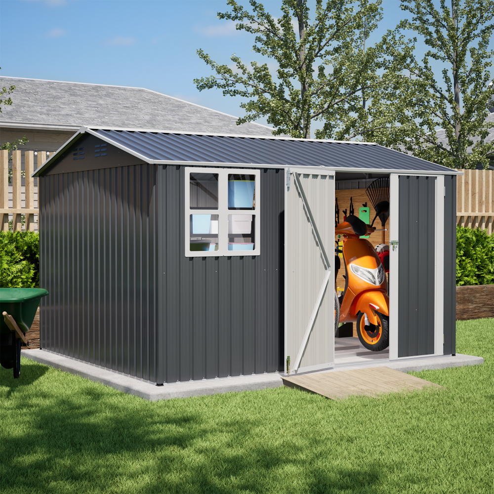 10X8FT Outdoor Steel Storage Shed with Clear Window, Lockable Doors, Weather-Resistant Metal Tool Shed for Garden, Backyard, Patio, and Utility Storage,Gray