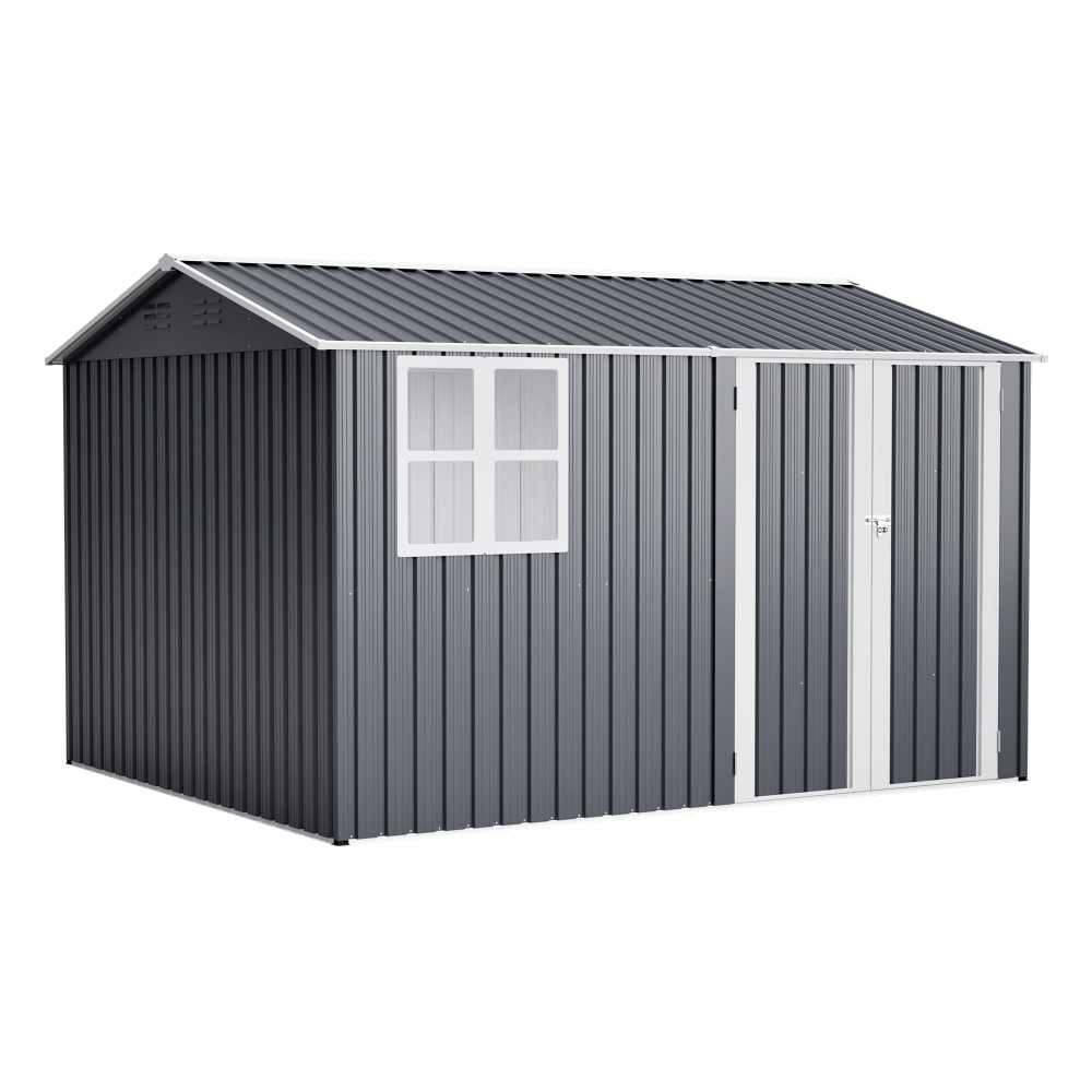 10X8FT Outdoor Steel Storage Shed with Clear Window, Lockable Doors, Weather-Resistant Metal Tool Shed for Garden, Backyard, Patio, and Utility Storage,Gray