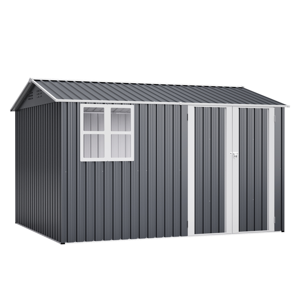 10X8FT Outdoor Steel Storage Shed with Clear Window, Lockable Doors, Weather-Resistant Metal Tool Shed for Garden, Backyard, Patio, and Utility Storage,Gray