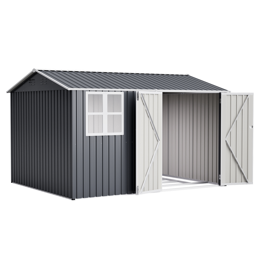 10X8FT Outdoor Steel Storage Shed with Clear Window, Lockable Doors, Weather-Resistant Metal Tool Shed for Garden, Backyard, Patio, and Utility Storage,Gray
