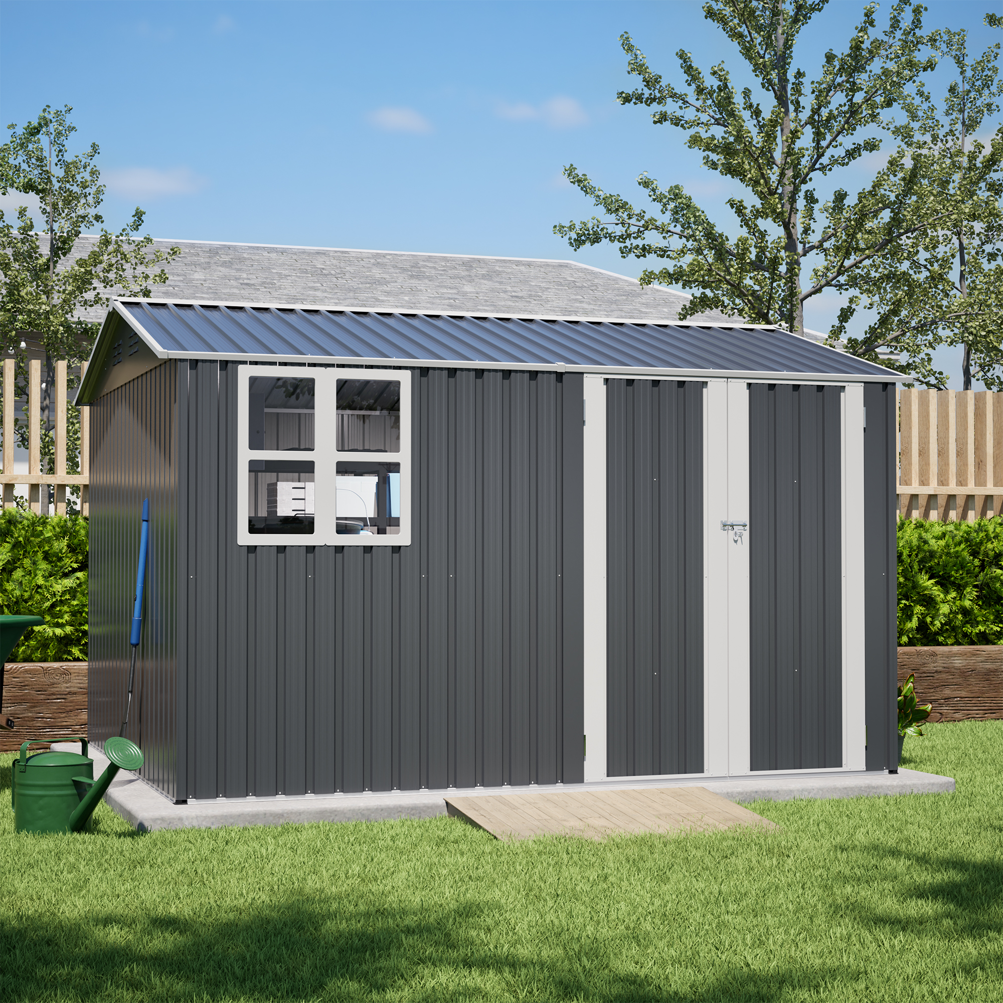 10X8FT Outdoor Steel Storage Shed with Clear Window, Lockable