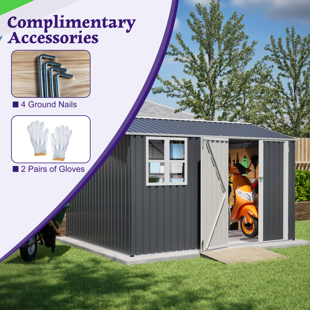 10X8FT Outdoor Steel Storage Shed with Clear Window, Lockable Doors, Weather-Resistant Metal Tool Shed for Garden, Backyard, Patio, and Utility Storage,Gray