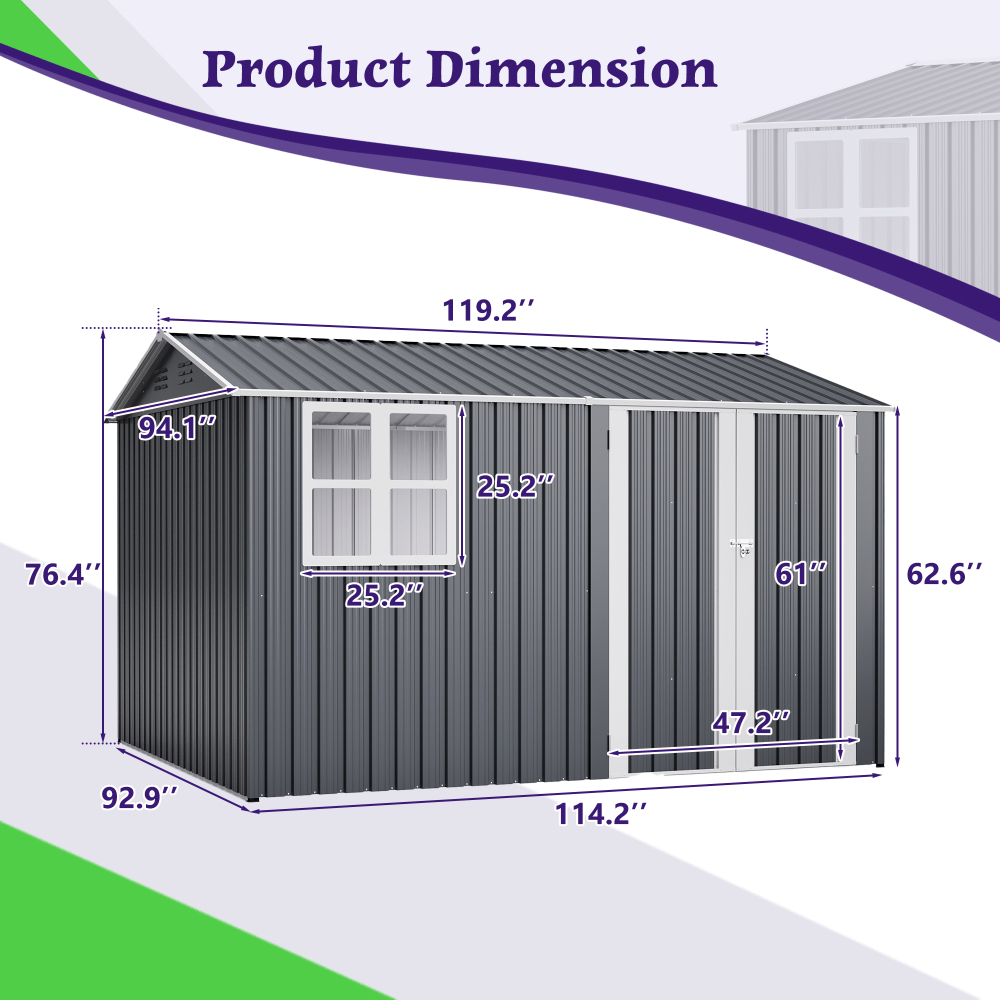 10X8FT Outdoor Steel Storage Shed with Clear Window, Lockable Doors, Weather-Resistant Metal Tool Shed for Garden, Backyard, Patio, and Utility Storage,Gray