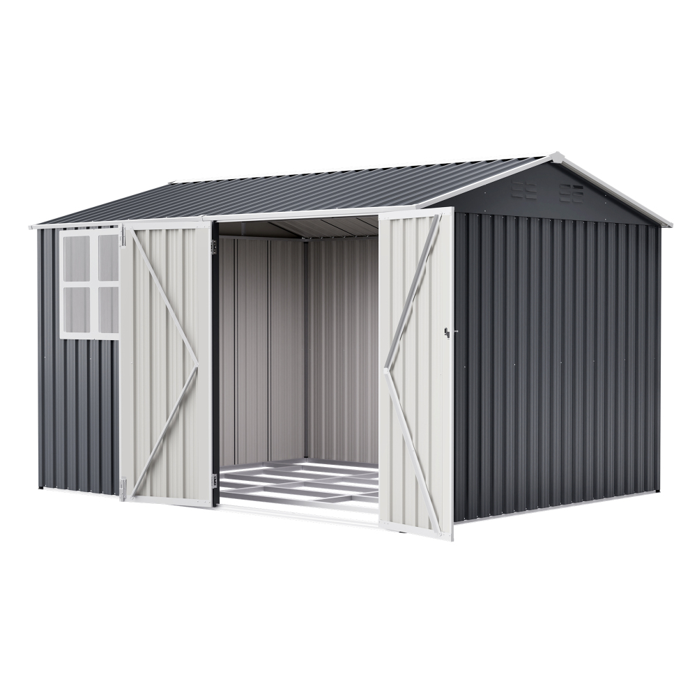 10X8FT Outdoor Steel Storage Shed with Clear Window, Lockable Doors, Weather-Resistant Metal Tool Shed for Garden, Backyard, Patio, and Utility Storage,Gray