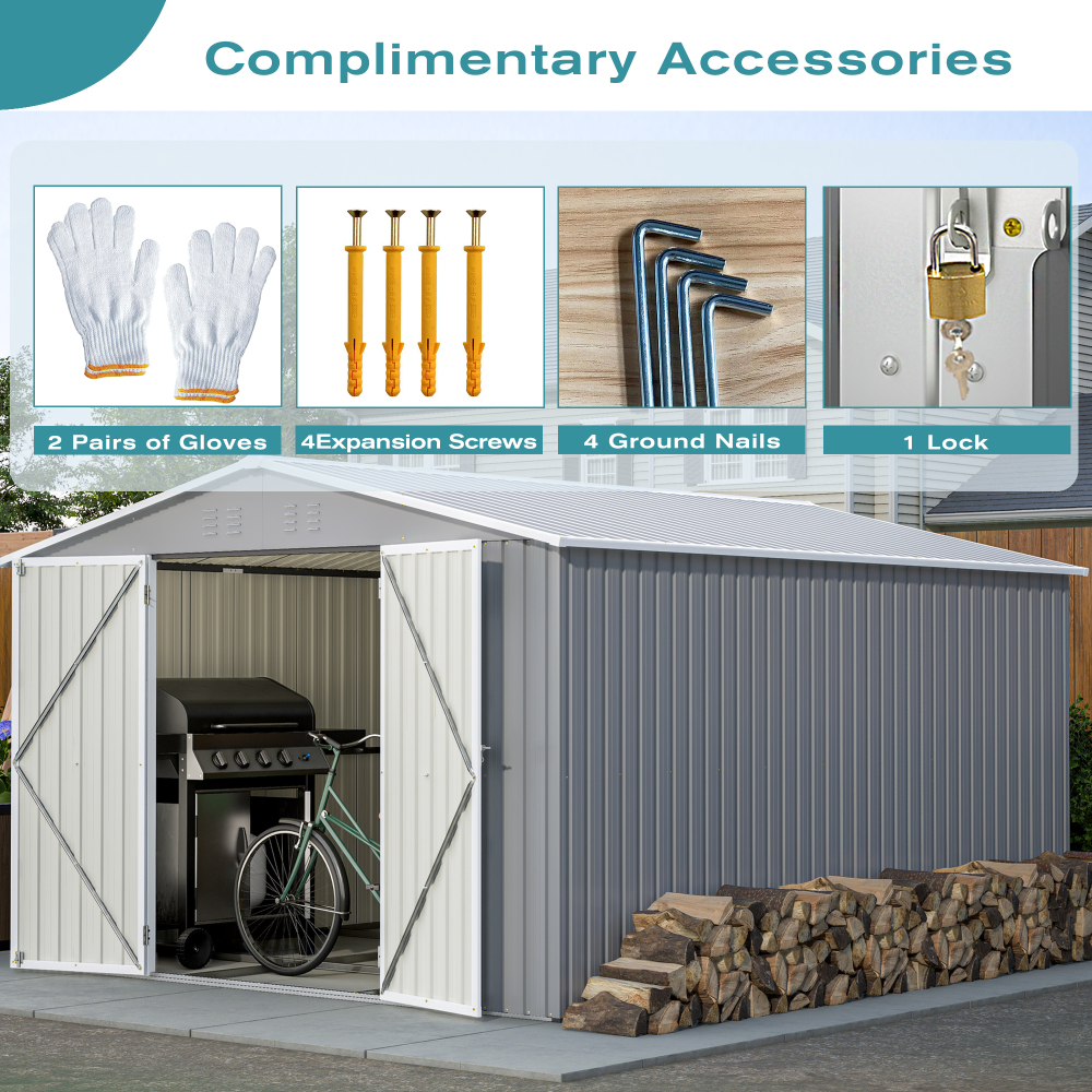 10 x 12 ft. Outdoor Storage Shed with Floor Frame Kit, Galvanized Steel Garden Shed, Metal ShedsGarden Tool Shed with Double Lockable Doors for Backyard Patio Lawn, Gray