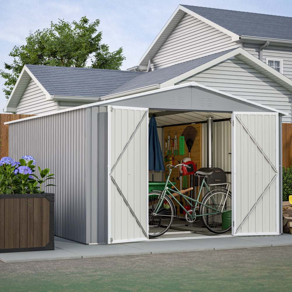 10 x 12 ft. Outdoor Storage Shed with Floor Frame Kit, Galvanized Steel Garden Shed, Metal ShedsGarden Tool Shed with Double Lockable Doors for Backyard Patio Lawn, Gray