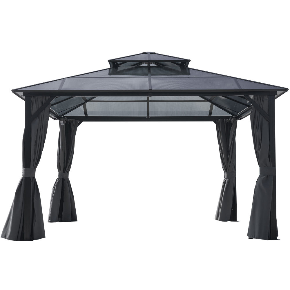 12x16FT Hardtop Gazebo Double Roof Canopy Outdoor with Netting and Curtains, Aluminum Frame Polycarbonate Roof Garden Tent for Patio, Backyard, Deck, and Lawn