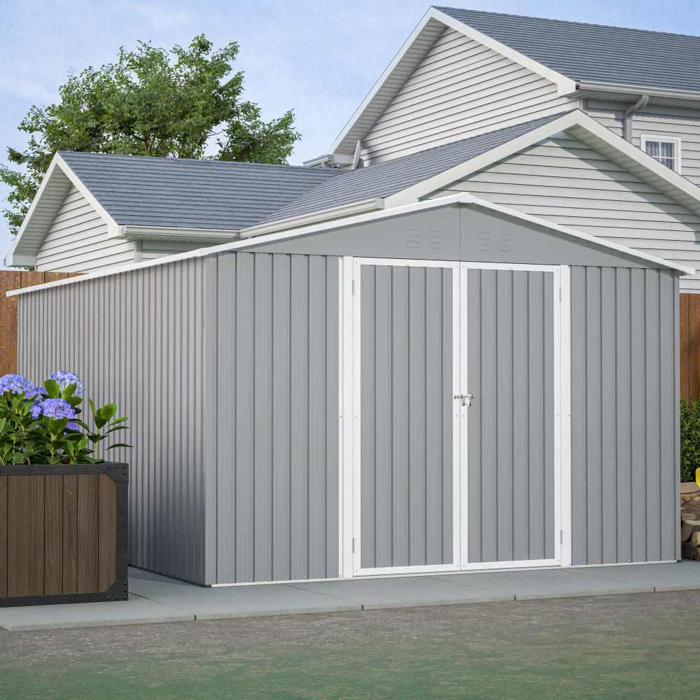 10 x 12 ft. Outdoor Storage Shed with Floor Frame Kit, Galvanized Steel Garden Shed, Metal ShedsGarden Tool Shed with Double Lockable Doors for Backyard Patio Lawn, Gray
