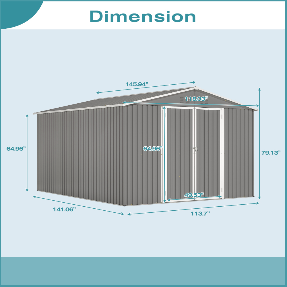 10 x 12 ft. Outdoor Storage Shed with Floor Frame Kit, Galvanized Steel Garden Shed, Metal ShedsGarden Tool Shed with Double Lockable Doors for Backyard Patio Lawn, Gray