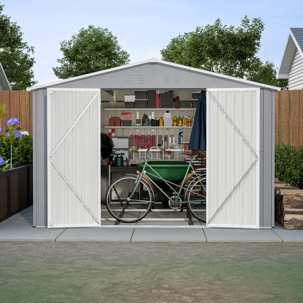 10 x 12 ft. Outdoor Storage Shed with Floor Frame Kit, Galvanized Steel Garden Shed, Metal ShedsGarden Tool Shed with Double Lockable Doors for Backyard Patio Lawn, Gray