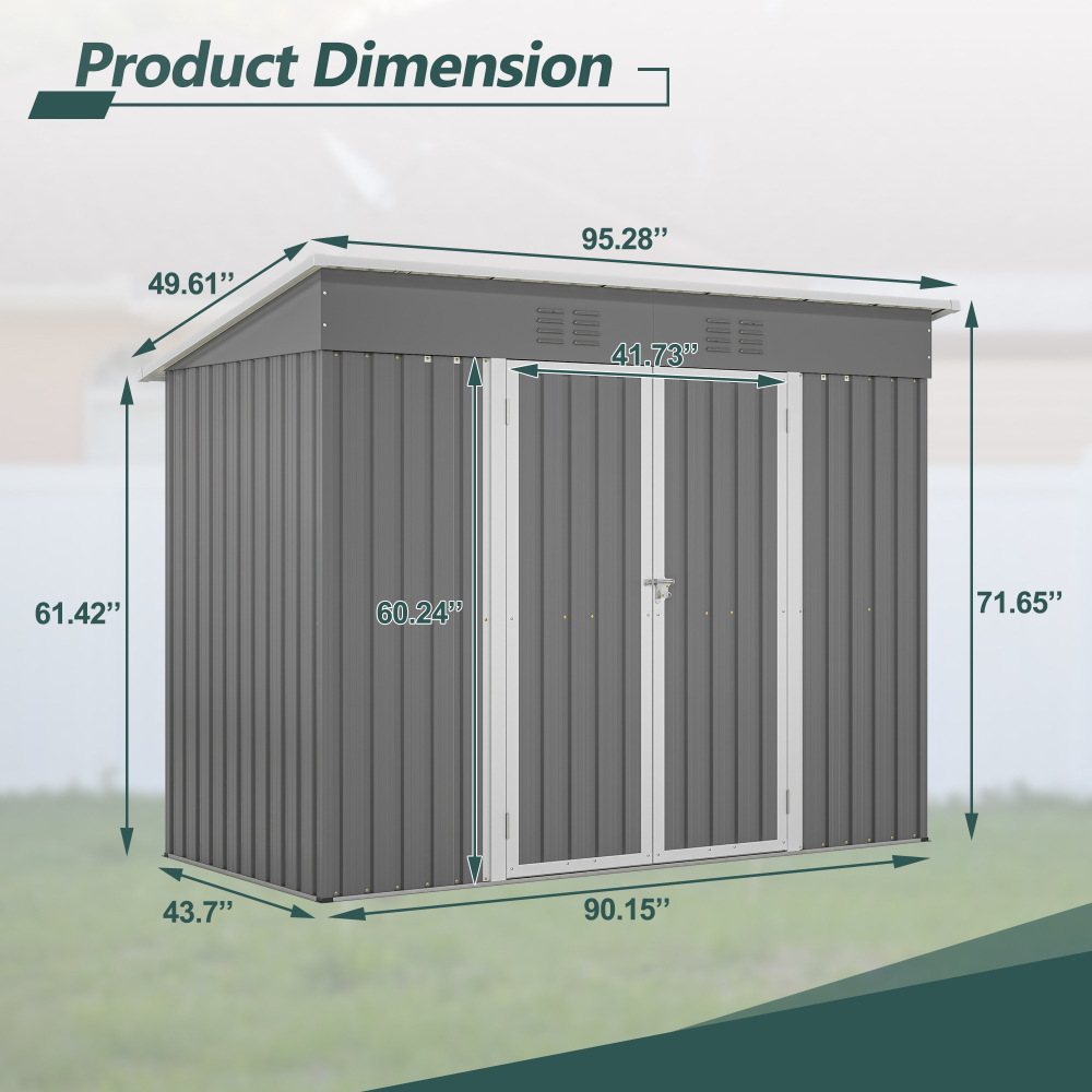 8' x 4' Metal Outdoor Storage Shed, Lean to Storage Shed, Garden Tool Storage House with Lockable Door and 2 Air Vents for Backyard, Patio, Lawn, Gray