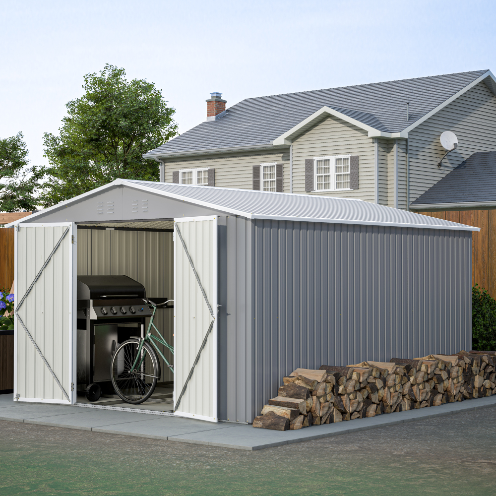 10 x 12 ft. Outdoor Storage Shed with Floor Frame Kit, Galvanized Steel Garden Shed, Metal ShedsGarden Tool Shed with Double Lockable Doors for Backyard Patio Lawn, Gray