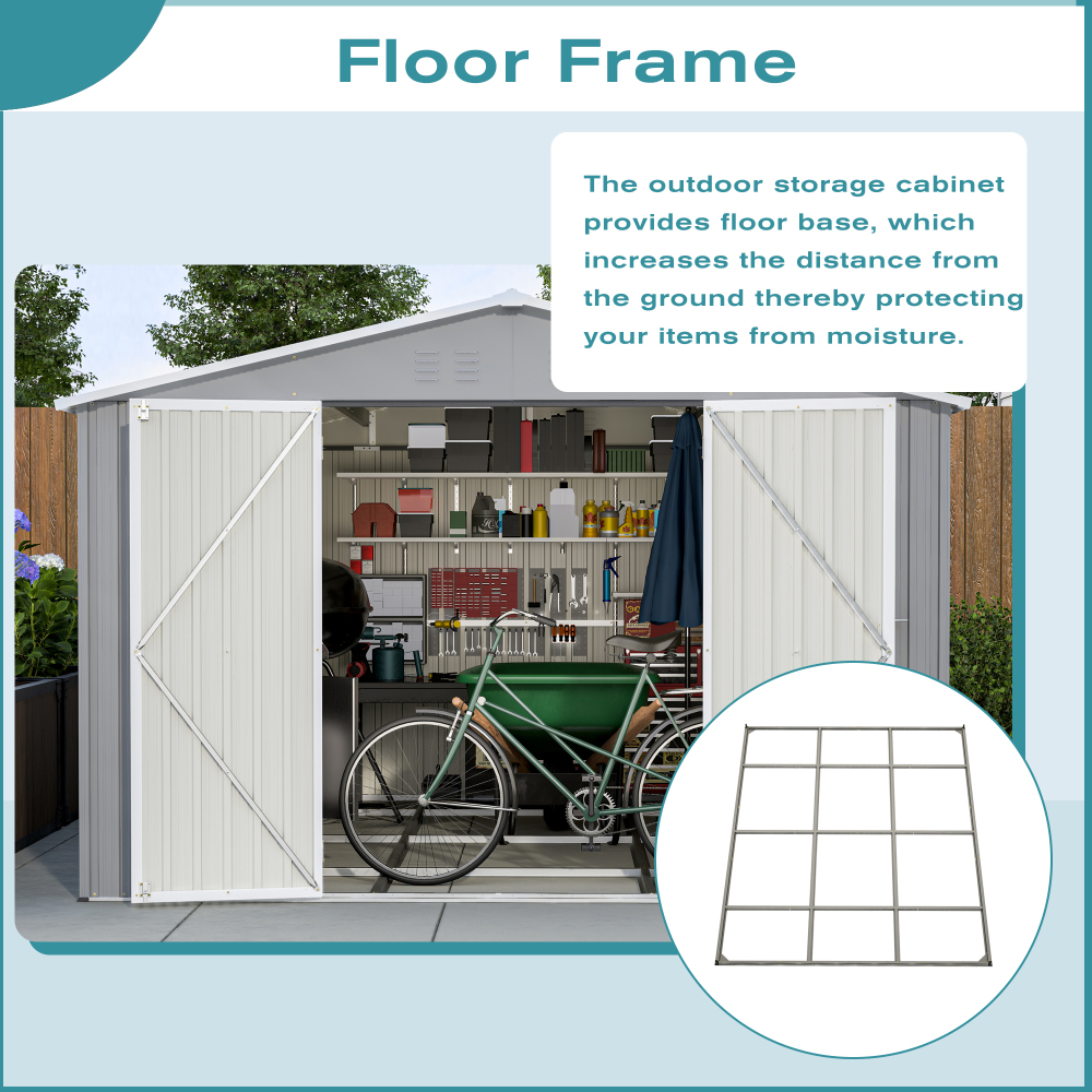 10 x 12 ft. Outdoor Storage Shed with Floor Frame Kit, Galvanized Steel Garden Shed, Metal ShedsGarden Tool Shed with Double Lockable Doors for Backyard Patio Lawn, Gray