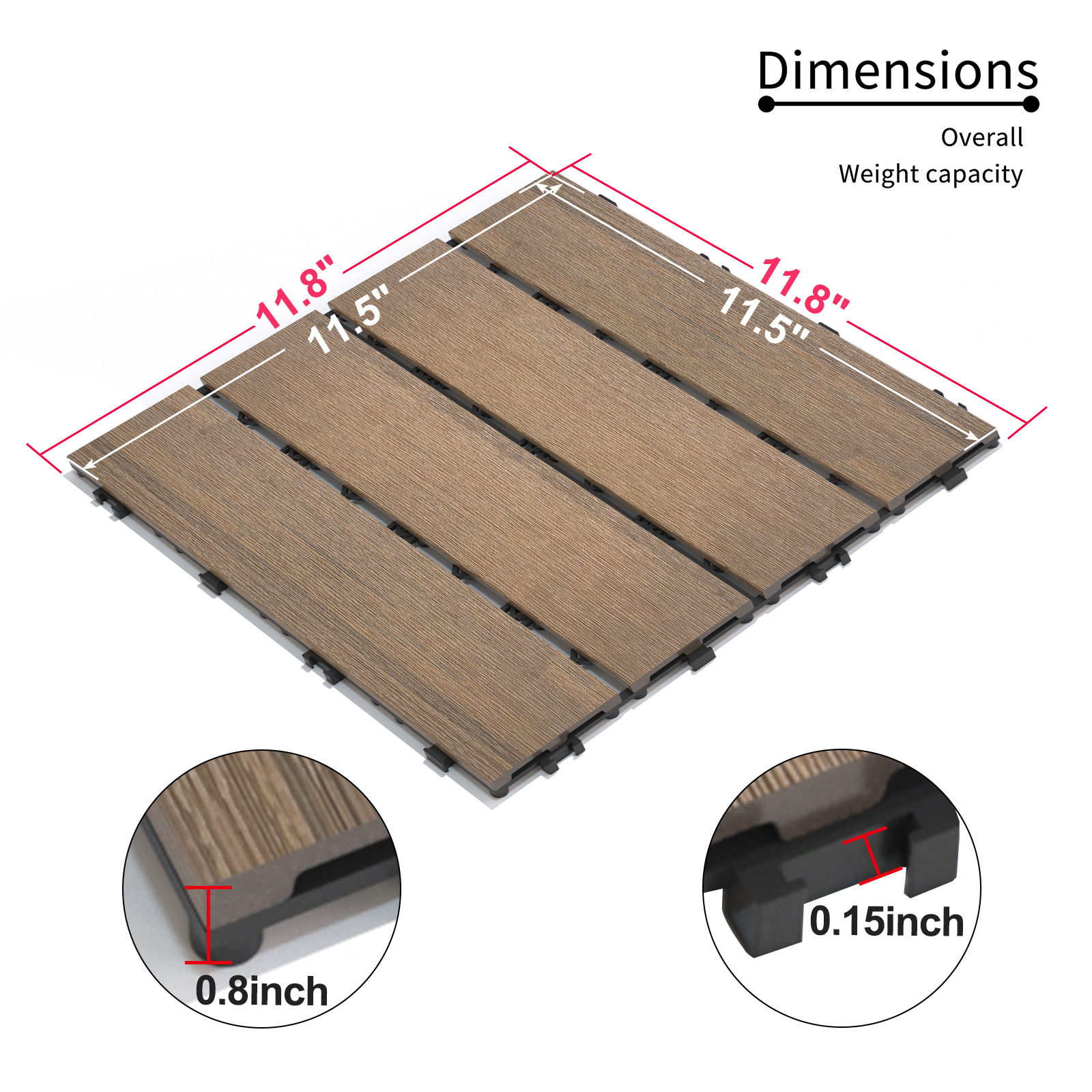 11-Pack WPC Interlocking Patio Deck Tiles - Water Resistant Wood-Plastic Composite Outdoor Flooring for Balcony & Garden